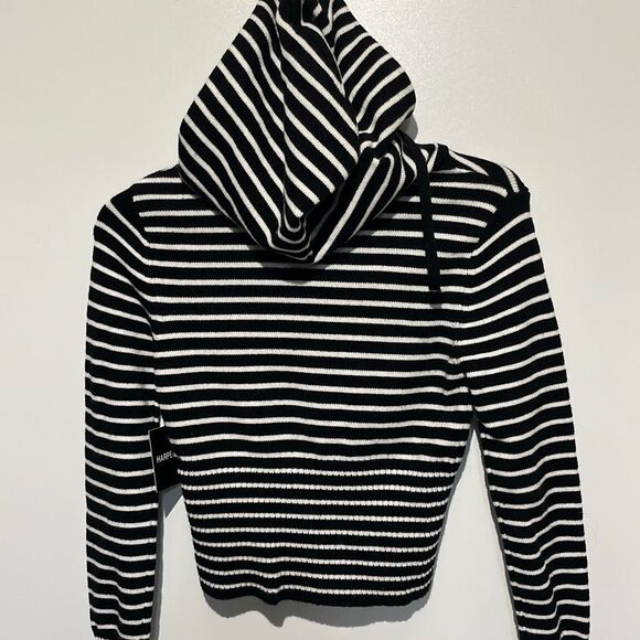 Harper & Ivy Women's Black White Stripe Full Zip Hooded Sweater Medium NWT - Picture 6 of 7